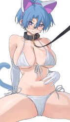 Rule 34 | 1girl, animal collar, aochoku, bare shoulders, bdsm, bikini, blue eyes, blue hair, blush, breasts, cameltoe, cleavage, closed mouth, collar, collarbone, commentary, elbow gloves, glasses, gloves, groin, hand on own stomach, heart, heart-shaped pupils, highres, large breasts, leash, looking at viewer, navel, original, pet play, short hair, side-tie bikini bottom, sidelocks, simple background, sitting, slave, solo, spread legs, string bikini, swimsuit, symbol-only commentary, symbol-shaped pupils, tail, wavy mouth, white background, white bikini, white gloves, wide spread legs