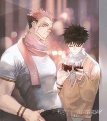Rule 34 | 2boys, alcohol, arm tattoo, black hair, black pants, closed eyes, closed mouth, couple, cup, drinking glass, extra eyes, eyelashes, facial tattoo, fushiguro megumi, happy birthday, height difference, highres, holding, holding cup, jujutsu kaisen, long sleeves, male focus, multiple boys, muscular, muscular male, pants, pink hair, ryoumen sukuna (jujutsu kaisen), scarf, shirt, short hair, spiked hair, tattoo, turtleneck, wine, wine glass, yaoi, zhiyun0w0