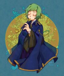 Rule 34 | 1boy, blue coat, closed eyes, coat, commentary request, employee (project moon), green hair, hakama, highres, holding, holding smoking pipe, japanese clothes, kiseru, lobotomy corporation, long sleeves, male focus, project moon, purple hakama, shirt, short hair, smoking pipe, solo, tesna, white shirt, wide sleeves