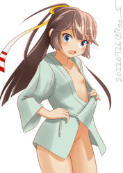 Rule 34 | 1girl, breasts, brown hair, commentary request, convenient censoring, cowboy shot, grey eyes, hair ribbon, japanese clothes, kantai collection, kazagumo (kancolle), long hair, no bra, no panties, one-hour drawing challenge, ponytail, ray.s, ribbon, robe, simple background, small breasts, solo, white background