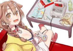 Rule 34 | 1girl, animal ears, bottle, braid, breasts, brown eyes, brown hair, chips (food), cleavage, couch, dog ears, food, from above, game console, highres, hololive, inugami korone, inugami korone (1st costume), manual, mother (game), mother 2, ness (mother 2), nintendo, no shoes, paper, paula (mother 2), pen, potato chips, solo, super famicom, super famicom cartridge, super famicom gamepad, table, twin braids, virtual youtuber, yoshida on