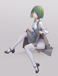 Rule 34 | 1girl, absurdres, arnold-s, black footwear, blue eyes, blush, breasts, collared shirt, commentary, dress, dress shirt, full body, green hair, grey background, grey dress, high heels, highres, knee up, long sleeves, looking at viewer, original, pantyhose, parted lips, shirt, shoes, short hair, sleeveless, sleeveless dress, sleeves past wrists, small breasts, solo, white pantyhose, white shirt