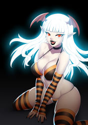 Rule 34 | 1girl, absurdres, arm support, arm warmers, bikini, black background, black bikini, black thighhighs, blue hair, breasts, choker, collarbone, colored skin, fangs, glowing, glowing hair, grey skin, halloween, head wings, highres, long hair, looking at viewer, nail polish, open mouth, orange bikini, orange thighhighs, original, pointy ears, red eyes, sitting, smile, solo, striped bikini, striped clothes, striped thighhighs, swimsuit, thighhighs, vampire, wings, zeshgolden