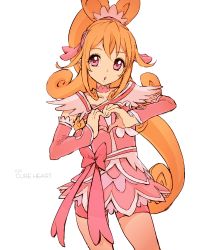 Rule 34 | 1girl, aida mana, blonde hair, bow, brooch, character name, cure heart, dokidoki! precure, half updo, heart, heart brooch, heart hands, jewelry, long hair, owarine miku, pink bow, pink hair, ponytail, precure, simple background, solo, white background