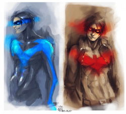 Rule 34 | 2boys, akimao, bat symbol, batman (series), blue theme, bodysuit, brothers, dc comics, dick grayson, domino mask, family, jacket, jason todd, male focus, mask, multiple boys, muscular, nightwing, red hood (dc), red theme, siblings, spot color