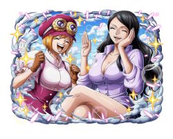 Rule 34 | 2girls, black hair, breasts, brown gloves, cleavage, closed eyes, commentary, crossed legs, english commentary, frills, gloves, hand on own face, hat, koala (one piece), large breasts, long sleeves, miniskirt, multiple girls, nico robin, official art, one piece, one piece treasure cruise, open mouth, orange hair, pink shirt, red skirt, shirt, short hair, sitting, skirt, smile, teeth
