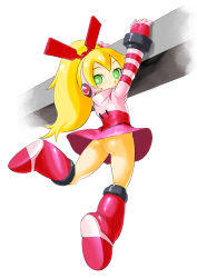 Rule 34 | 1girl, ass, blonde hair, blush, boots, call (mighty no. 9), call f, dress, female focus, from behind, from below, full body, green eyes, hanging, headset, long hair, long sleeves, looking at viewer, looking back, mighty no. 9, no panties, ponytail, pussy, shimotsuki juugo, short dress, simple background, solo, striped, striped sleeves, uncensored, white background