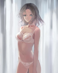 Rule 34 | 1girl, bra, breasts, brown hair, choker, cleavage, commentary request, curtains, green eyes, highres, jidou neko, lace, lace-trimmed choker, lace bra, lace panties, lace trim, medium breasts, medium hair, navel, original, panties, parted bangs, solo, thighs, underwear, underwear only, white bra, white choker, white panties