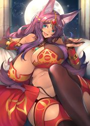 Rule 34 | 1girl, :d, animal ear fluff, animal ears, aqua eyes, bare shoulders, black thighhighs, breasts, bridal gauntlets, cleavage, commentary request, curvy, dark-skinned female, dark skin, dress, fang, fate/grand order, fate (series), female focus, full moon, gem, green eyes, head chain, highres, huge breasts, indoors, jewelry, kamaboko (ossann0125), large breasts, long hair, looking at viewer, lying, moon, navel, night, night sky, on back, open mouth, purple hair, queen of sheba (fate), revealing clothes, sitting, sky, smile, solo, star (sky), starry sky, teeth, thighhighs, very long hair, wide hips, wolf ears