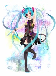 Rule 34 | 1girl, :d, aqua hair, arm up, armpits, boots, hatsune miku, head tilt, headset, highres, leg lift, long hair, necktie, open mouth, red eyes, sasakichi (ssk chi), skirt, smile, solo, tell your world (vocaloid), thigh boots, thighhighs, twintails, very long hair, vocaloid