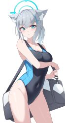 1girl absurdres animal_ears bag blue_archive blue_eyes blue_halo breasts cross_hair_ornament duffel_bag grey_hair hair_ornament halo highres li_se looking_at_viewer medium_breasts one-piece_swimsuit shiroko_(blue_archive) shiroko_(swimsuit)_(blue_archive) simple_background solo swimsuit white_background