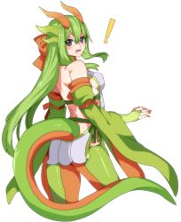 Rule 34 | !, 1girl, bad id, bad twitter id, bare shoulders, black eyes, blush, bridal gauntlets, creatures (company), cropped legs, detached sleeves, game freak, gen 3 pokemon, green hair, highres, horns, katagiri hachigou, long hair, looking at viewer, looking back, nintendo, personification, pokemon, salamence, simple background, solo, tail, very long hair, white background