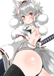 1girl absurdres animal_ears ass back backless_outfit black_thighhighs blush cowboy_shot detached_sleeves grey_hair hat highres inubashiri_momiji looking_at_viewer red_eyes red_hat regua ribbon-trimmed_sleeves ribbon_trim short_hair simple_background solo tail thighhighs tokin_hat touhou white_background wide_sleeves wolf_ears wolf_girl wolf_tail