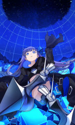 Rule 34 | 1girl, black jacket, blue eyes, blue ribbon, breasts, coffeekite, cropped jacket, crossed legs, fate/extra, fate/extra ccc, fate (series), flat chest, hair ribbon, highres, jacket, long hair, long sleeves, looking up, meltryllis (fate), navel, parted lips, purple hair, ribbon, sleeves past fingers, sleeves past wrists, small breasts, solo, very long hair