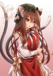 Rule 34 | 1girl, alternate hair length, alternate hairstyle, animal ears, bow, brown eyes, brown hair, cat ears, cat tail, chen, earrings, green hat, hat, jewelry, long hair, long sleeves, mob cap, multiple tails, neck ribbon, nekomata, pink background, ribbon, solo, tail, touhou, two tails, unkmochi