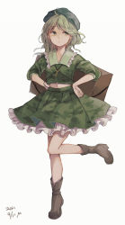 Rule 34 | 1girl, ahoge, boots, box, bright pupils, brown footwear, camouflage, camouflage shirt, camouflage skirt, commentary, dated, flat cap, frilled shirt collar, frilled skirt, frills, full body, green eyes, green hair, green shirt, green skirt, hands on own hips, hat, highres, key, looking away, looking to the side, m (neteitai10), medium hair, midriff, navel, petticoat, platform footwear, shirt, simple background, skirt, solo, standing, standing on one leg, touhou, white background, white pupils, yamashiro takane
