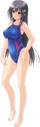 Rule 34 | 1girl, absurdres, barefoot, black hair, blush, breasts, competition swimsuit, covered erect nipples, full body, hair ornament, hairclip, highres, large breasts, long hair, looking at viewer, mishima kagome, official art, one-piece swimsuit, parted lips, pink eyes, ryuudouji shimon no inbou, smile, solo, swimsuit, teeta j, transparent background
