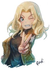 Rule 34 | 1girl, ;d, artist name, black shirt, blonde hair, blue eyes, brown jacket, commentary, cropped torso, emblem, girls und panzer, hair intakes, hand on own hip, highres, jacket, kay (girls und panzer), kuroneko douji, long hair, long sleeves, looking at viewer, one eye closed, open clothes, open jacket, open mouth, saunders military uniform, shirt, signature, simple background, sketch, smile, solo, star (symbol), v, v-shaped eyebrows, white background