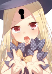Rule 34 | 1girl, abigail williams (fate), abigail williams (second ascension) (fate), black hat, blonde hair, blush, bow, commentary request, eyes visible through hair, fate/grand order, fate (series), fingernails, hands up, hat, head tilt, keyhole, long hair, looking at viewer, open mouth, orange bow, parted bangs, polka dot, polka dot bow, racer (magnet), red eyes, simple background, solo, tongue, tongue out, upper body, white background