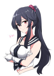 Rule 34 | 10s, 1girl, absurdres, black hair, breasts, character name, commentary request, crossed arms, gloves, highres, kantai collection, long hair, looking at viewer, medium breasts, midriff, morinaga miki, navel, ponytail, red eyes, sailor collar, school uniform, serafuku, sidelocks, simple background, sleeveless, smile, solo, translated, very long hair, white background, white gloves, yahagi (kancolle)