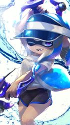 Rule 34 | 1girl, ;d, arm up, bad id, bad twitter id, black shorts, blouse, blue eyes, blue hair, clothes writing, commentary request, dapple dualies (splatoon), dolphin shorts, dual wielding, fangs, finger on trigger, gun, highres, holding, holding gun, holding weapon, inkling, inkling (language), inkling girl, inkling player character, kashu (hizake), leg up, lens flare, light rays, long hair, looking at viewer, monster girl, nintendo, one eye closed, open mouth, outstretched arm, pointy ears, shirt, short shorts, short sleeves, shorts, simple background, smile, solo, splatoon (series), splatoon 2, standing, t-shirt, tentacle hair, thighs, visor cap, water, weapon, white background, white shirt