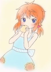 Rule 34 | 1girl, alternate hairstyle, blue dress, blue eyes, blush, brown hair, commentary request, covered mouth, dress, dutch angle, floral print, food, fruit, hair bobbles, hair ornament, hands up, holding, holding food, holding fruit, koshigaya natsumi, long hair, looking at viewer, low twintails, mandarin orange, non non biyori, print dress, shika (s1ka), sidelocks, simple background, solo, sundress, sunflower print, twintails, yellow background