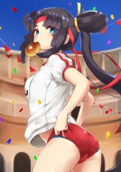 Rule 34 | 1girl, ass, black hair, blue eyes, blue panties, blunt bangs, blurry, blush, bread, buruma, colosseum, commentary request, confetti, day, depth of field, fate/grand order, fate (series), food, food in mouth, from side, gym shirt, gym uniform, headband, long hair, looking at viewer, mouth hold, name tag, outdoors, panties, panties under buruma, parted bangs, pennant, pinta (ayashii bochi), red buruma, shirt, short sleeves, sidelocks, solo, thighs, underwear, ushiwakamaru (fate), white shirt