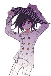 Rule 34 | 1boy, arms up, black hair, buttons, checkered neckerchief, collarbone, cowboy shot, danganronpa (series), danganronpa v3: killing harmony, double-breasted, hair between eyes, highres, jacket, long sleeves, looking at viewer, male focus, medium hair, neckerchief, oma kokichi, pants, purple eyes, purple hair, simple background, smile, solo, unworn neckerchief, white background, white jacket, white pants, xia nu xiao fang