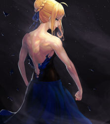 Rule 34 | 1girl, absurdres, ahoge, artoria pendragon (all), artoria pendragon (fate), back, back focus, backless dress, backless outfit, bare back, bare shoulders, blonde hair, blue dress, blue ribbon, braid, braided bun, dress, fate/grand order, fate (series), french braid, from behind, green eyes, hair bun, hair ribbon, highres, korean commentary, lips, looking at viewer, looking back, muscular, muscular female, night, ribbon, rnjs4967, saber (fate), short hair, single hair bun, sky, sleeveless, solo, standing, star (sky), starry sky, torn clothes