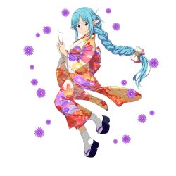 Rule 34 | 1girl, asuna (sao-alo), blue eyes, blue hair, braid, braided ponytail, closed mouth, floating hair, floral print, from side, highres, holding, japanese clothes, kimono, long hair, looking at viewer, official art, platform clogs, pointy ears, ponytail, print kimono, smile, socks, solo, sword art online, sword art online: memory defrag, transparent background, very long hair, white socks, yukata