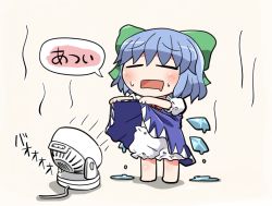 Rule 34 | 1girl, barefoot, bloomers, blue hair, blush, bow, chibi, cirno, dress, drooling, electric fan, closed eyes, full body, hair bow, hot, ice, mouth drool, rokugou daisuke, short hair, simple background, solo, standing, touhou, translation request, underwear, wings