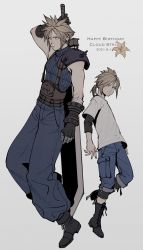 Rule 34 | 2boys, age comparison, aqua eyes, armor, baggy pants, bandaged arm, bandages, belt, black footwear, black leggings, black shirt, blonde hair, blue pants, blue shirt, boots, buster sword, cargo pants, character name, child, cloud strife, dated, earrings, final fantasy, final fantasy vii, final fantasy vii remake, floating, frown, full body, gloves, grey background, happy birthday, highres, jewelry, layered shirt, leggings, looking at viewer, low ponytail, male focus, medium hair, multiple belts, multiple boys, muscular, muscular male, oimo (oimkimn), pants, pants rolled up, shirt, short hair, short sleeves, shoulder armor, single earring, sleeveless, sleeveless turtleneck, smile, spiked hair, suspenders, t-shirt, turtleneck, weapon, weapon on back, white shirt