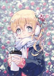 Rule 34 | 1girl, artist name, black jacket, blonde hair, cup, disposable cup, flower, grey eyes, hair between eyes, hair flower, hair ornament, highres, holding, holding cup, jacket, long hair, long sleeves, mechuragi, open clothes, open jacket, original, pink shirt, red flower, red rose, rose, scarf, shirt, signature, sleeves past wrists, snow, snow on head, solo, upper body, white scarf