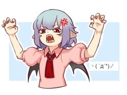 Rule 34 | 1girl, anger vein, arms up, ascot, bat wings, blue background, blue hair, border, brooch, claw pose, commentary, cropped torso, dress, fangs, hair between eyes, jewelry, looking at viewer, nail polish, no headwear, open mouth, outline, outside border, pink dress, pointy ears, red ascot, red eyes, red nails, remilia scarlet, short hair, simple background, solo, touhou, upper body, v-shaped eyebrows, white border, white outline, wing collar, wings, yoruny