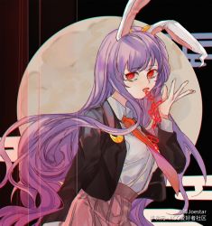 Rule 34 | 1girl, animal ears, black jacket, blazer, bullet, chinese commentary, collared shirt, commentary, crescent, crescent pin, fingernails, full moon, hand up, jacket, jiao joestar, layered sleeves, long hair, long sleeves, looking at viewer, moon, necktie, open clothes, open jacket, open mouth, pink skirt, purple hair, rabbit ears, red eyes, red necktie, reisen udongein inaba, shirt, skirt, solo, touhou, upper body, very long hair, white shirt