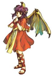 Rule 34 | 1girl, ankle lace-up, bracelet, capelet, coat, cross-laced footwear, dragon girl, dragon wings, dress, eyebrows, female focus, fire emblem, gold trim, hair tie, jewelry, long hair, multi-tied hair, myrrh (fire emblem), nintendo, official art, own hands clasped, pale skin, purple hair, red capelet, red coat, red eyes, sandals, shin strap, simple background, twintails, wada sachiko, white dress, wings, wristband, yellow wings