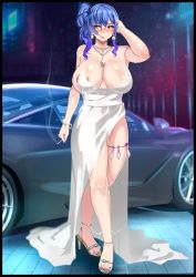 Rule 34 | 1girl, areola slip, armpits, azur lane, backless dress, backless outfit, bag, bare shoulders, blood rouge, blue hair, blue nails, breasts, brick floor, car, cigarette, cleavage, condom, condom belt, condom thigh strap, dress, earrings, evening gown, grey dress, hair between eyes, hair ornament, hairclip, halter dress, halterneck, handbag, high heels, highres, holding, holding cigarette, jewelry, large breasts, licking lips, long dress, looking to the side, motor vehicle, multiple condoms, nail polish, night, night sky, pink eyes, plunging neckline, revealing clothes, side ponytail, sidelocks, silver dress, silver footwear, sky, smoke, smoking, st. louis (azur lane), st. louis (luxurious wheels) (azur lane), standing, sweat, thighlet, thighs, tongue, tongue out