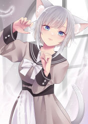 Rule 34 | 1girl, absurdres, animal ear fluff, animal ears, blue eyes, bow, bowtie, brown dress, cat ears, cat girl, cat tail, claw pose, dress, feathers, grey hair, highres, kuroru, long sleeves, looking at viewer, original, paw pose, sailor collar, sailor dress, short hair, smile, tail, white bow, white bowtie, white dress