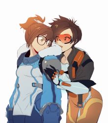 2girls black-framed_eyewear blush bomber_jacket breasts brown_eyes brown_hair commentary_request eyes_visible_through_hair fur fur_collar glasses gloves goggles hair_bun hair_ornament hand_on_another&#039;s_shoulder highres jacket looking_at_another maro_(lij512) medium_hair mei_(overwatch) multiple_girls open_mouth overwatch overwatch_2 parted_lips short_hair simple_background smile standing tracer_(overwatch) upper_body white_background