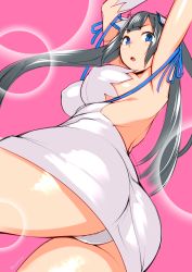 Rule 34 | 10s, 1girl, :o, absurdres, armpits, arms up, ass, black hair, blue eyes, blush, breasts, covered erect nipples, dungeon ni deai wo motomeru no wa machigatteiru darou ka, from behind, hestia (danmachi), highres, huge breasts, long hair, looking at viewer, ojo (dfreak), open mouth, panties, rei no himo, sideboob, simple background, solo, thighs, twintails, twisted torso, underwear, white panties