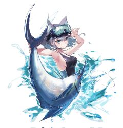 Rule 34 | 1girl, animal ear fluff, animal ears, armpits, blue archive, breasts, chochomi, corrupted twitter file, extra ears, fish, goggles, goggles on head, grey hair, halo, highres, holding, looking at viewer, medium breasts, official alternate costume, one-piece swimsuit, shiroko (blue archive), shiroko (swimsuit) (blue archive), simple background, solo, swimsuit, water, wet, white background, wolf ears
