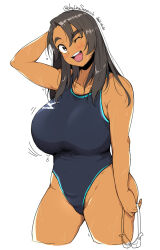 Rule 34 | 1girl, arm up, artist name, bare shoulders, black eyes, black hair, blush, breasts, collarbone, commentary request, competition swimsuit, dated, goggles, highres, holding, holding goggles, large breasts, light blush, long hair, looking at viewer, motion lines, one-piece swimsuit, one eye closed, open mouth, original, pubic hair, pubic hair peek, sanemichi hajime, simple background, solo, swimsuit, teeth, tongue, upper teeth only, wet, white background