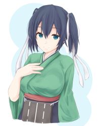 Rule 34 | 1girl, blue eyes, blue hair, blue hakama, breasts, green background, green kimono, hair ribbon, hakama, hakama short skirt, hakama skirt, hand on own chest, highres, japanese clothes, kantai collection, kawara koishi, kimono, large breasts, ribbon, skirt, souryuu (kancolle), twintails, two-tone background, upper body, white background, white ribbon
