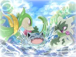 bubble claws closed_mouth creatures_(company) fangs floragato furry game_freak gen_1_pokemon gen_5_pokemon highres ivysaur nintendo open_mouth pink_eyes pokemon pokemon_(creature) red_eyes runachikku scarf servine smile water