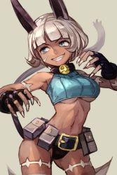 Rule 34 | 1girl, animal ears, bare shoulders, belt, black gloves, black panties, blunt bangs, breasts, collar, contrapposto, cowboy shot, crop top, fingerless gloves, fingernails, gloves, green eyes, grey background, grin, hungry clicker, looking to the side, ms. fortune (skullgirls), nadia fortune, navel, panties, pouch, scar, sharp fingernails, short hair, silver hair, simple background, skullgirls, smile, solo, standing, tail, underboob, underwear