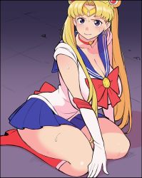 Rule 34 | 1girl, absurdres, alternate breast size, bishoujo senshi sailor moon, blonde hair, breasts, brown eyes, choker, circlet, cleavage, commentary request, derivative work, gloves, heart, heart choker, highres, kakuzatou (satousatotototo), large breasts, long hair, meme, red choker, red footwear, sailor moon, sailor moon redraw challenge (meme), seiza, sitting, skirt, solo, sweat, thick thighs, thighs, tsukino usagi, white gloves