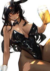 Rule 34 | 1girl, absurdres, alcohol, animal ears, beer, beer mug, black bow, black bowtie, black hair, black leotard, black pantyhose, bow, bowtie, breasts, chromatic aberration, cup, dark-skinned female, dark skin, detached collar, highres, jikihatiman, large breasts, leotard, long hair, mug, original, pantyhose, playboy bunny, rabbit ears, red eyes, solo, strapless, strapless leotard, torn clothes, torn pantyhose, wrist cuffs