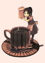 Rule 34 | 1girl, apron, black dress, black footwear, black hair, blush, cup, dress, grey legwear, highres, holding, ike rakune, long hair, mini person, minigirl, open mouth, original, plate, ponytail, pouring, reflection, short sleeves, simple background, smile, solo, spoon, standing, striped, white background, wide shot