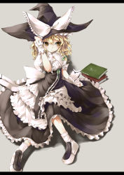 Rule 34 | 1girl, awa yume, blonde hair, blush, book, bow, braid, curiosities of lotus asia, female focus, hair bow, hat, highres, kirisame marisa, letterboxed, long hair, open mouth, ribbon, shoes, solo, touhou, witch, witch hat, wrist cuffs, yellow eyes
