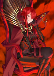 Rule 34 | 1girl, befe, black bodysuit, bodysuit, cape, chain, chair, collared cape, crest, family crest, fate/grand order, fate (series), full body, hair over one eye, hand on own cheek, hand on own face, highres, looking down, medallion, oda nobunaga (fate), oda nobunaga (maou avenger) (fate), oda uri, on chair, parted lips, popped collar, red background, red cape, red eyes, red hair, red theme, sitting, smirk, solo, tight top